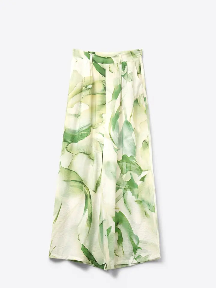 Wide Leg Trousers with Green Watercolor Print-Trousers-Q2-S-GREEN-Urbanheer