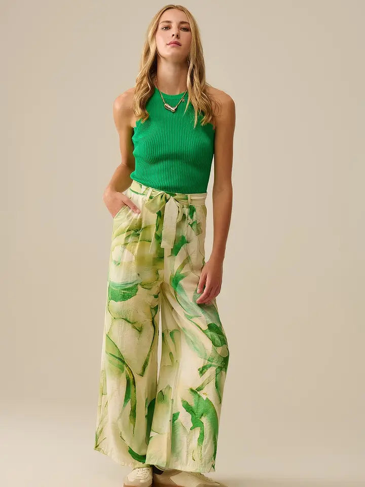 Wide Leg Trousers with Green Watercolor Print-Trousers-Q2-S-GREEN-Urbanheer