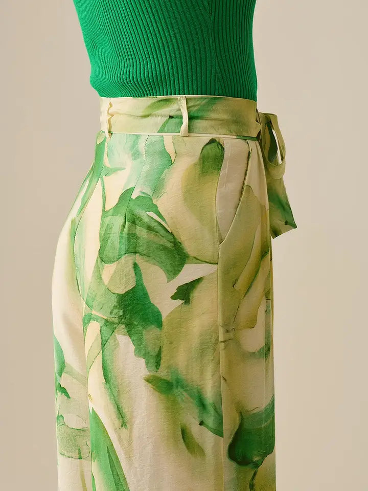 Wide Leg Trousers with Green Watercolor Print-Trousers-Q2-S-GREEN-Urbanheer