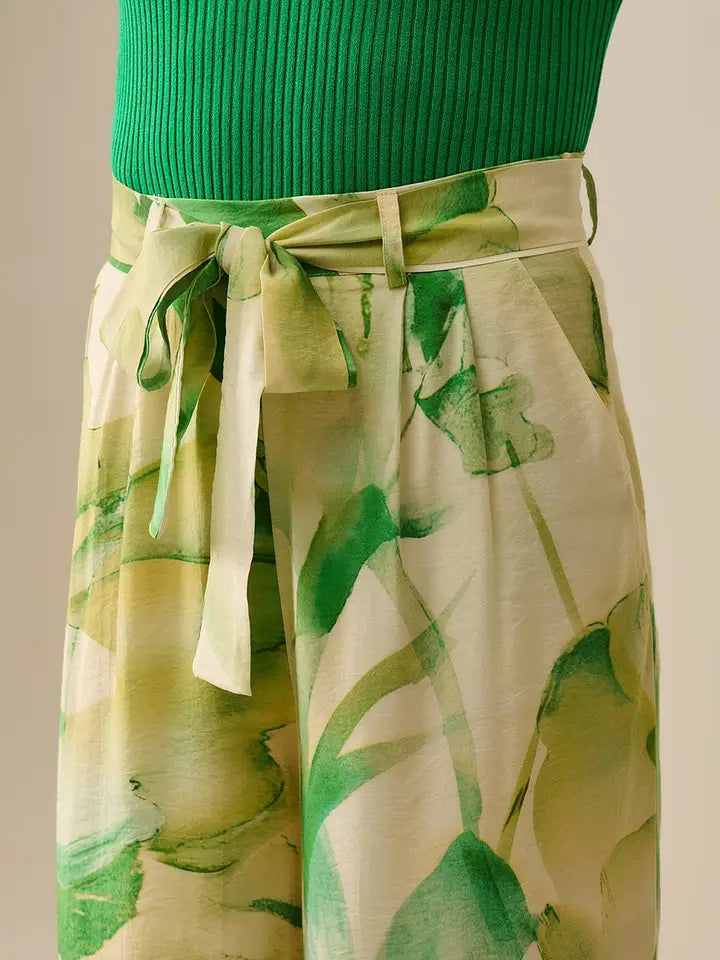 Wide Leg Trousers with Green Watercolor Print-Trousers-Q2-S-GREEN-Urbanheer