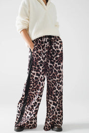 Wide Leopard Pants with Satin Side Stripe-Pants-Q2-S-Brown-Urbanheer