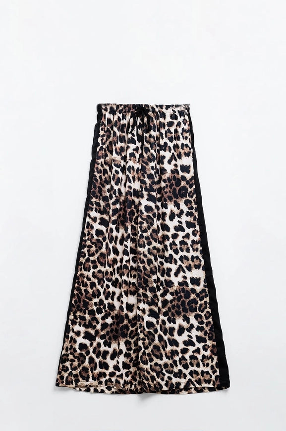 Wide Leopard Pants with Satin Side Stripe-Pants-Q2-S-Brown-Urbanheer