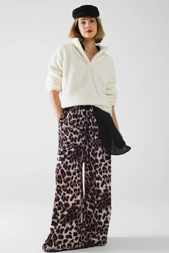 Wide Leopard Pants with Satin Side Stripe-Pants-Q2-S-Brown-Urbanheer