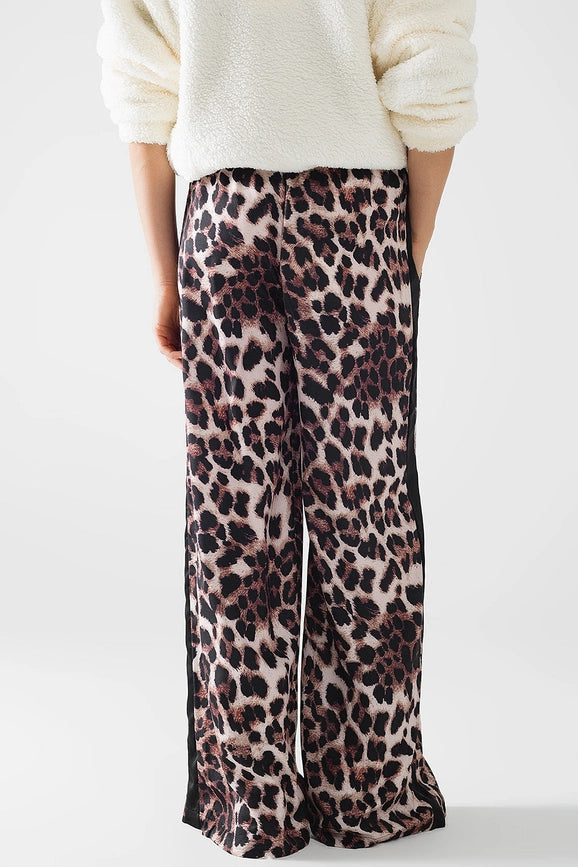 Wide Leopard Pants with Satin Side Stripe-Pants-Q2-S-Brown-Urbanheer