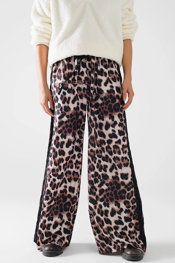 Wide Leopard Pants with Satin Side Stripe-Pants-Q2-S-Brown-Urbanheer