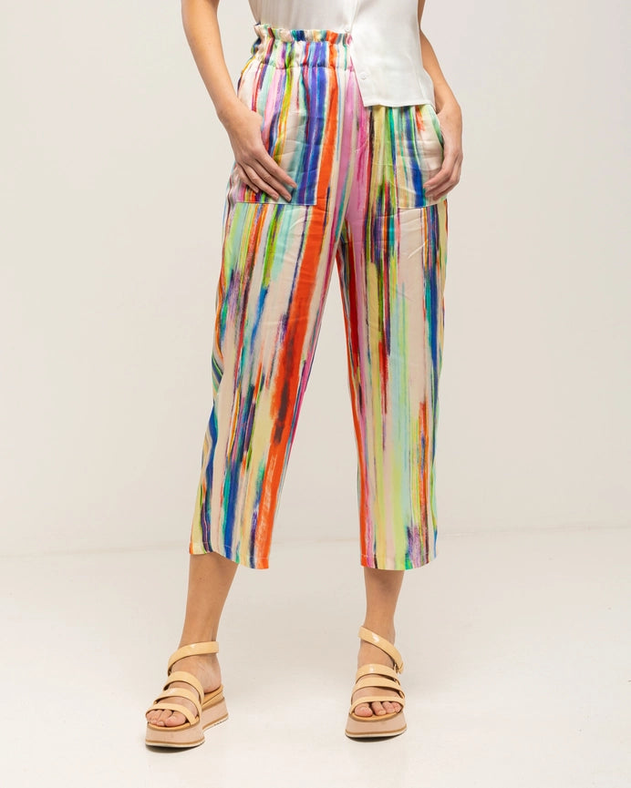 Wide Satin Pants with Multicolored Stripes-Pants-Tantra-S-ECRU-Urbanheer
