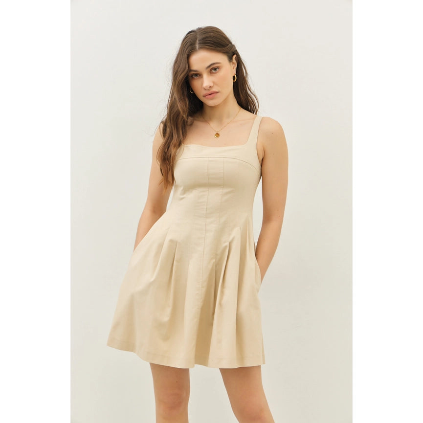 Wide Square Neck Pleated Mini Dress with Pockets-Dress-idem ditto-S-NATURAL-Urbanheer