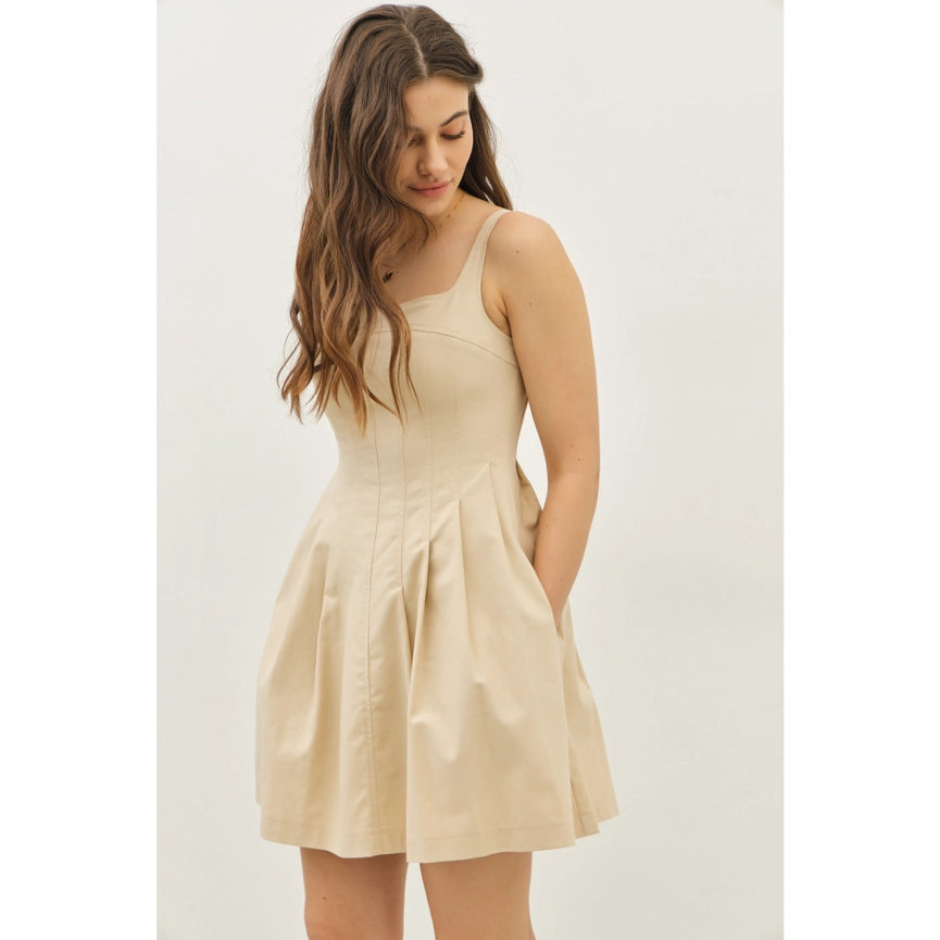 Wide Square Neck Pleated Mini Dress with Pockets-Dress-idem ditto-S-NATURAL-Urbanheer