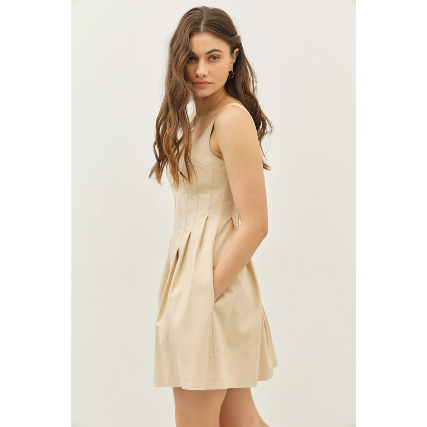 Wide Square Neck Pleated Mini Dress with Pockets-Dress-idem ditto-S-NATURAL-Urbanheer
