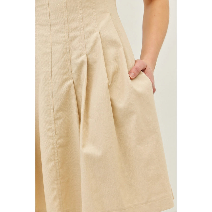 Wide Square Neck Pleated Mini Dress with Pockets-Dress-idem ditto-S-NATURAL-Urbanheer