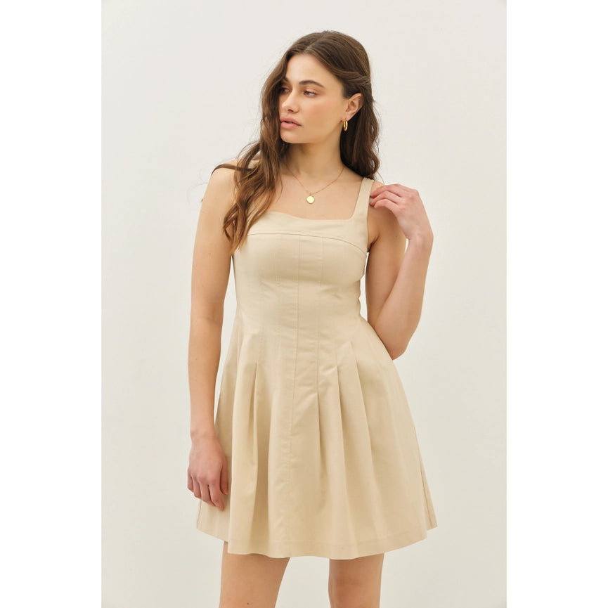 Wide Square Neck Pleated Mini Dress with Pockets-Dress-idem ditto-S-NATURAL-Urbanheer