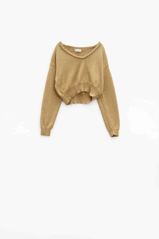 Wide V-Neck Light Sweater with Braided Detail in Gold-Sweater-Q2-One Size-Brown-Urbanheer