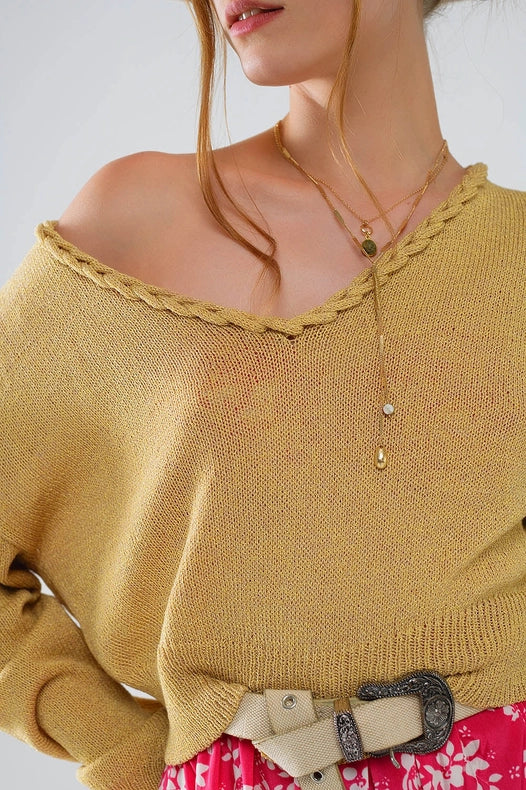 Wide V-Neck Light Sweater with Braided Detail in Gold-Sweater-Q2-One Size-Brown-Urbanheer