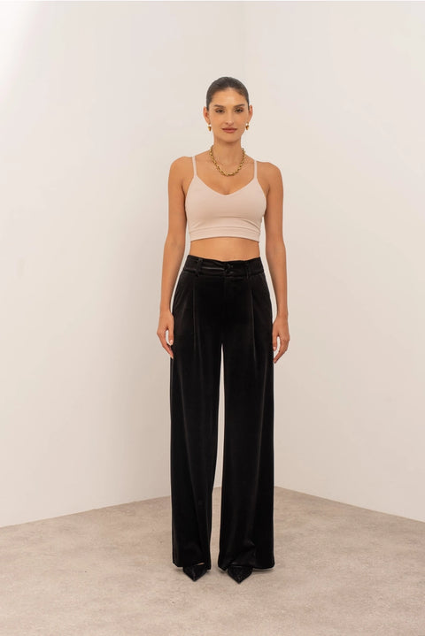 Wide Velvet Flowing Trousers with Double-Button Fastening