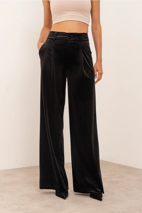 Wide Velvet Flowing Trousers with Double-Button Fastening