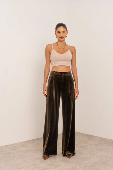 Wide Velvet Flowing Trousers with Double-Button Fastening