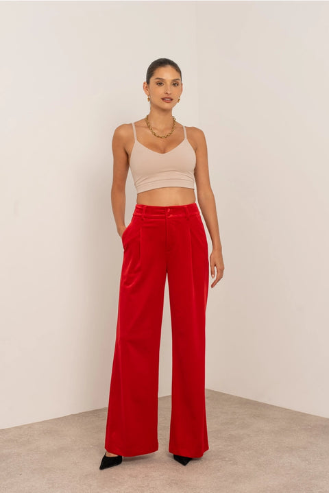 Wide Velvet Flowing Trousers with Double-Button Fastening