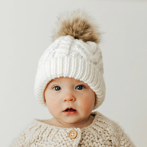 Winter White Pop Pom Pom Beanie Hat Baby