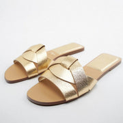 Women Gold Flat Sandals Criss-Cross Leather-Sandals-Blak Wardrob-35-05-Urbanheer