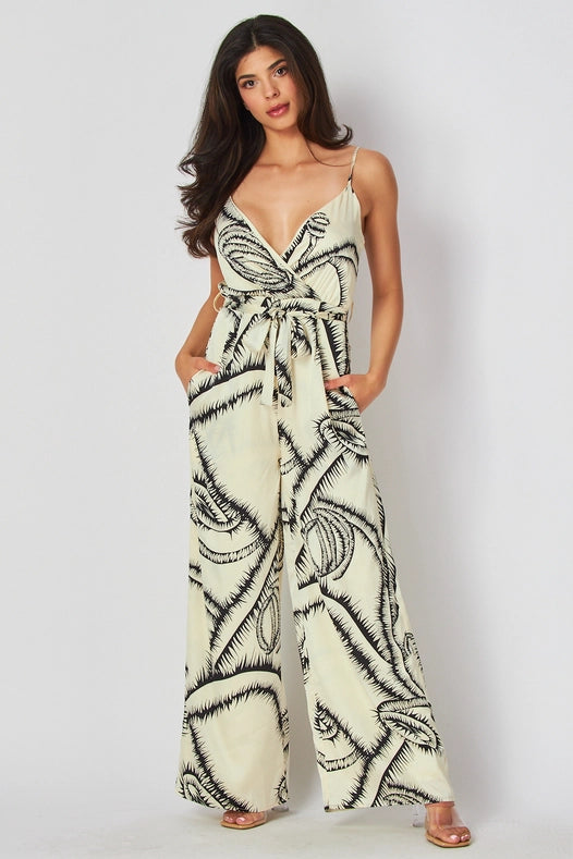 Women Woven Brushed Print Jump-suit with Side Pocket IVORY