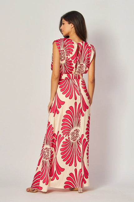 Women Woven Damask Print Satin Sleeveless Maxi Dress Hot Pink