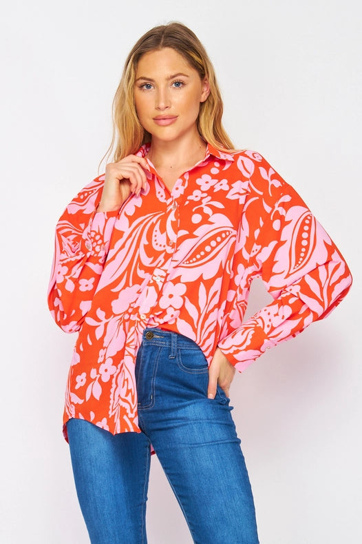 Women Woven Floral Print Long Sleeve Button Down Top Red