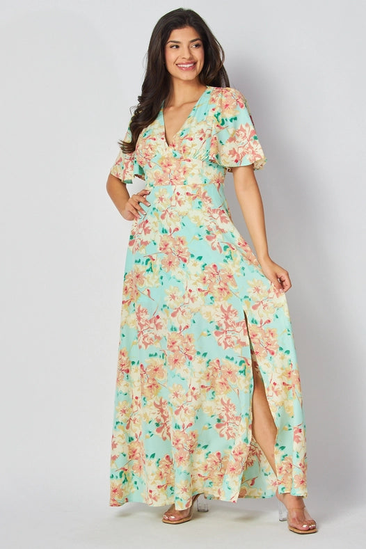 Women Woven Floral Print Short Sleeve V-Neck Maxi Dress MINT