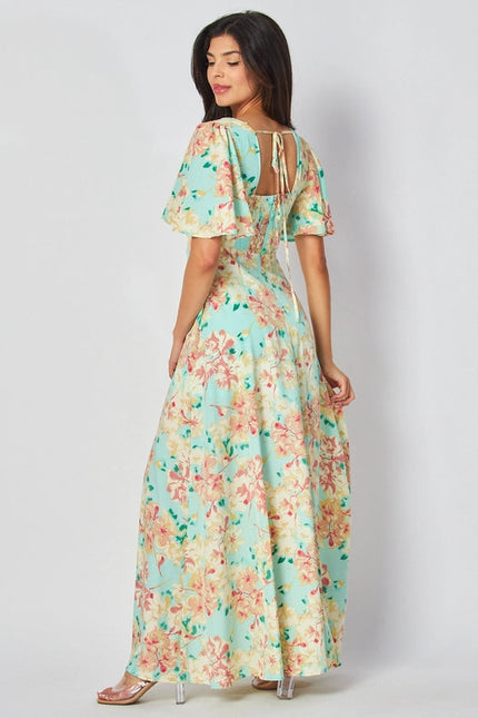 Women Woven Floral Print Short Sleeve V-Neck Maxi Dress Mint