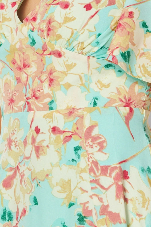 Women Woven Floral Print Short Sleeve V-Neck Maxi Dress MINT