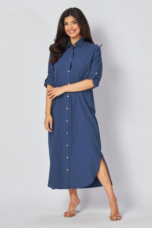 Women Woven Solid Button-Down Maxi Dress  INDIGO