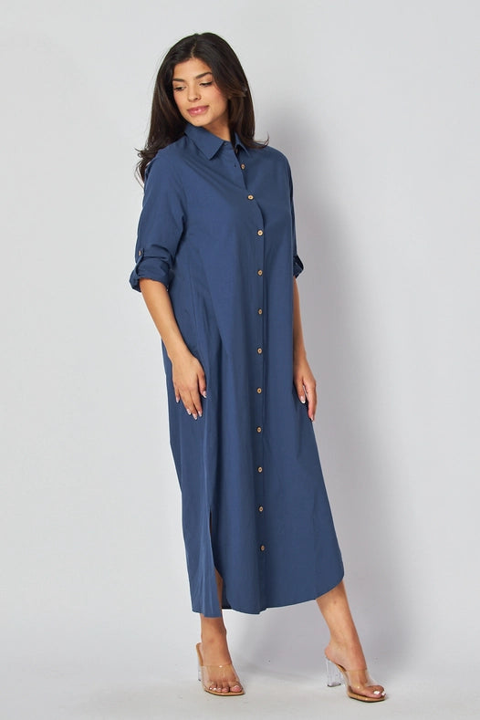 Women Woven Solid Button-Down Maxi Dress  INDIGO