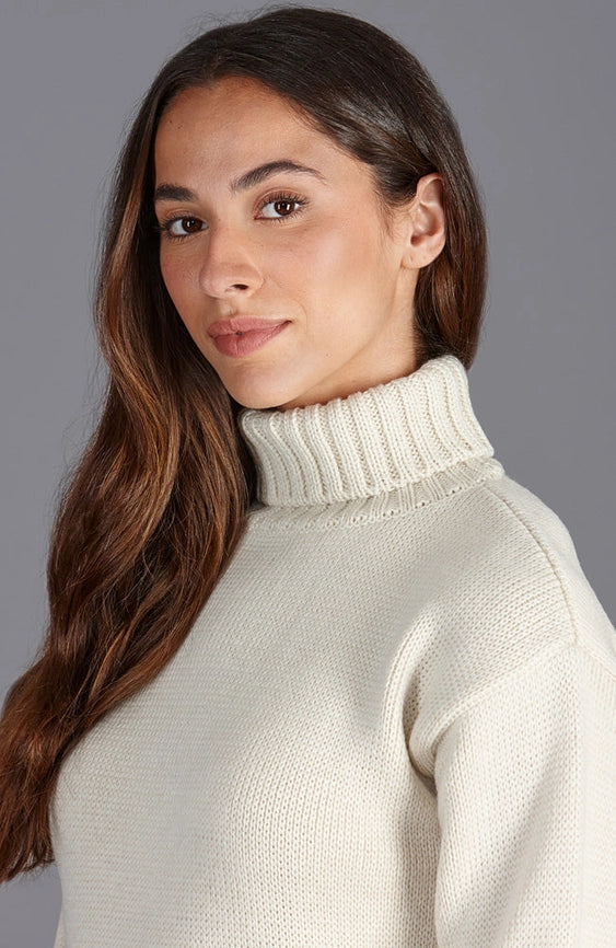 Womens 100% Chunky Merino Wool Submariner Roll Neck Jumper Ecru-Jumper-Paul James Knitwear-XXL-Urbanheer