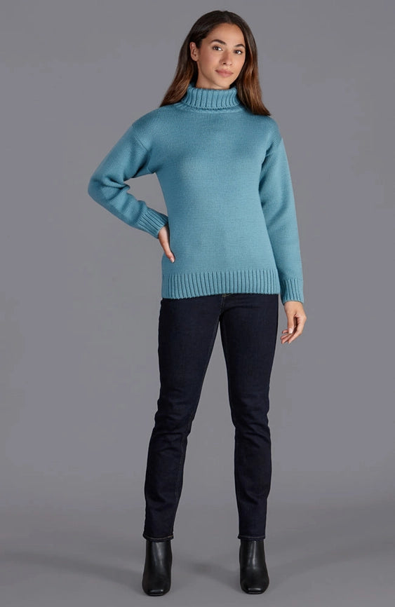 Womens 100% Chunky Merino Wool Submariner Roll Neck Jumper Teal-Jumper-Paul James Knitwear-S-Urbanheer