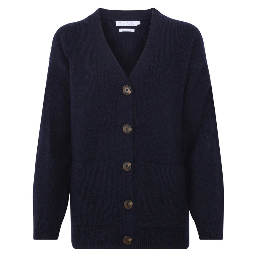 Womens 100% Lambswool V Neck Ribbed Cardigan with Pockets-Cardigan-Paul James Knitwear-S-Oxford Blue-Urbanheer
