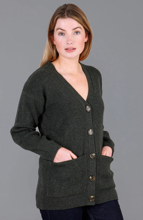 Womens 100% Lambswool V Neck Ribbed Cardigan with Pockets-Cardigan-Paul James Knitwear-S-Seaweed Green-Urbanheer