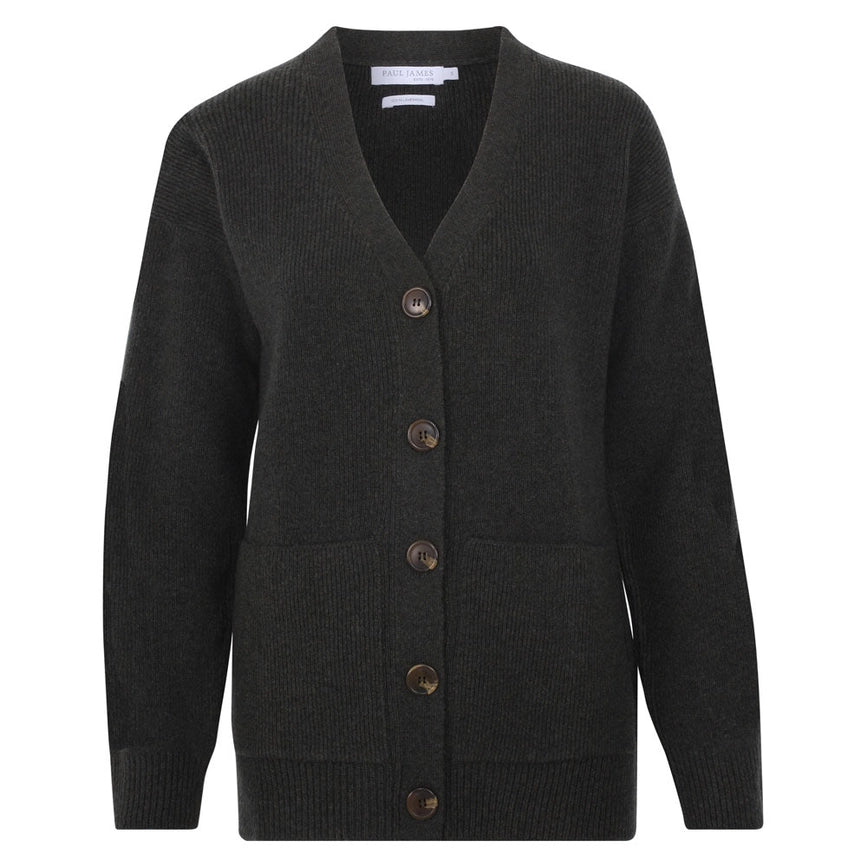 Womens 100% Lambswool V Neck Ribbed Cardigan with Pockets-Cardigan-Paul James Knitwear-S-Seaweed Green-Urbanheer