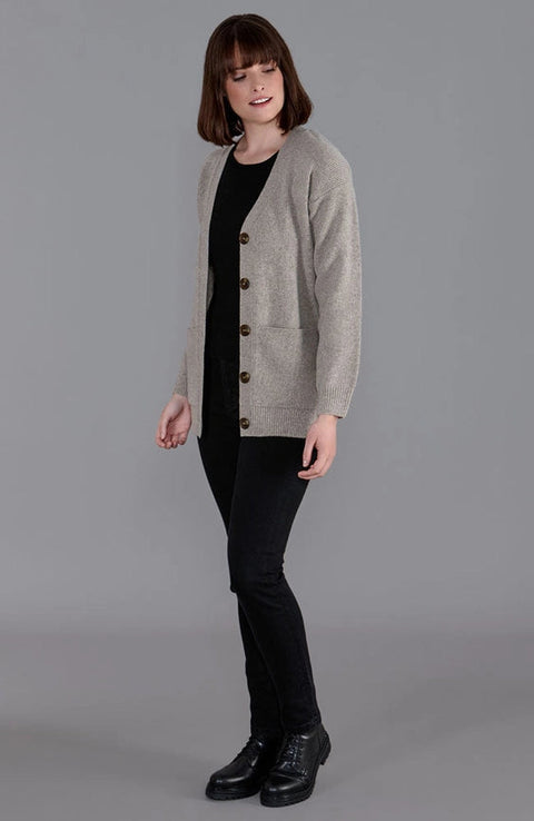 Womens 100% Lambswool V Neck Ribbed Cardigan with Pockets Cobble Beige-Cardigan-Paul James Knitwear-S-Urbanheer