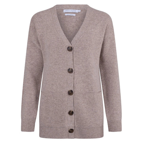 Womens 100% Lambswool V Neck Ribbed Cardigan with Pockets Cobble Beige-Cardigan-Paul James Knitwear-S-Urbanheer