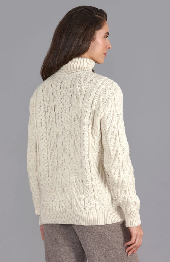 Womens Chunky Merino Wool Roll Neck Cable Jumper-Jumper-Paul James Knitwear-XS-Ecru-Urbanheer