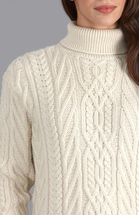 Womens Chunky Merino Wool Roll Neck Cable Jumper-Jumper-Paul James Knitwear-XS-Ecru-Urbanheer