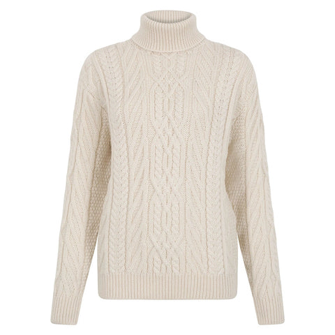 Womens Chunky Merino Wool Roll Neck Cable Jumper-Jumper-Paul James Knitwear-XS-Ecru-Urbanheer