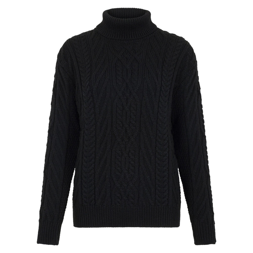 Womens Chunky Merino Wool Roll Neck Cable Jumper-Jumper-Paul James Knitwear-XS-Black-Urbanheer