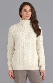 Womens Chunky Merino Wool Roll Neck Cable Jumper-Jumper-Paul James Knitwear-XS-Ecru-Urbanheer