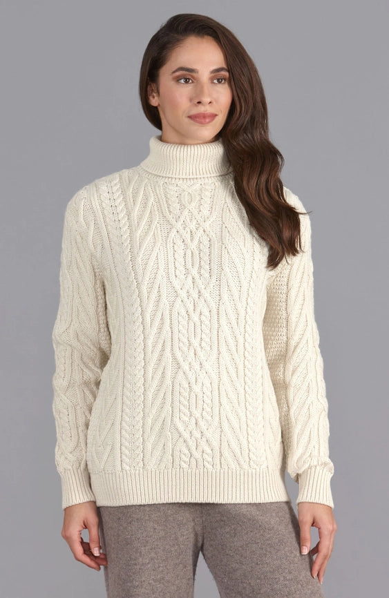 Womens Chunky Merino Wool Roll Neck Cable Jumper-Jumper-Paul James Knitwear-XS-Ecru-Urbanheer