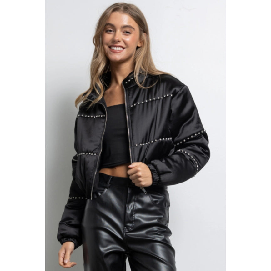 Women's Clothing Long Sleeve Satin Cropped Bomber Jacket Black-Jacket-KIWI-S-Black-Urbanheer