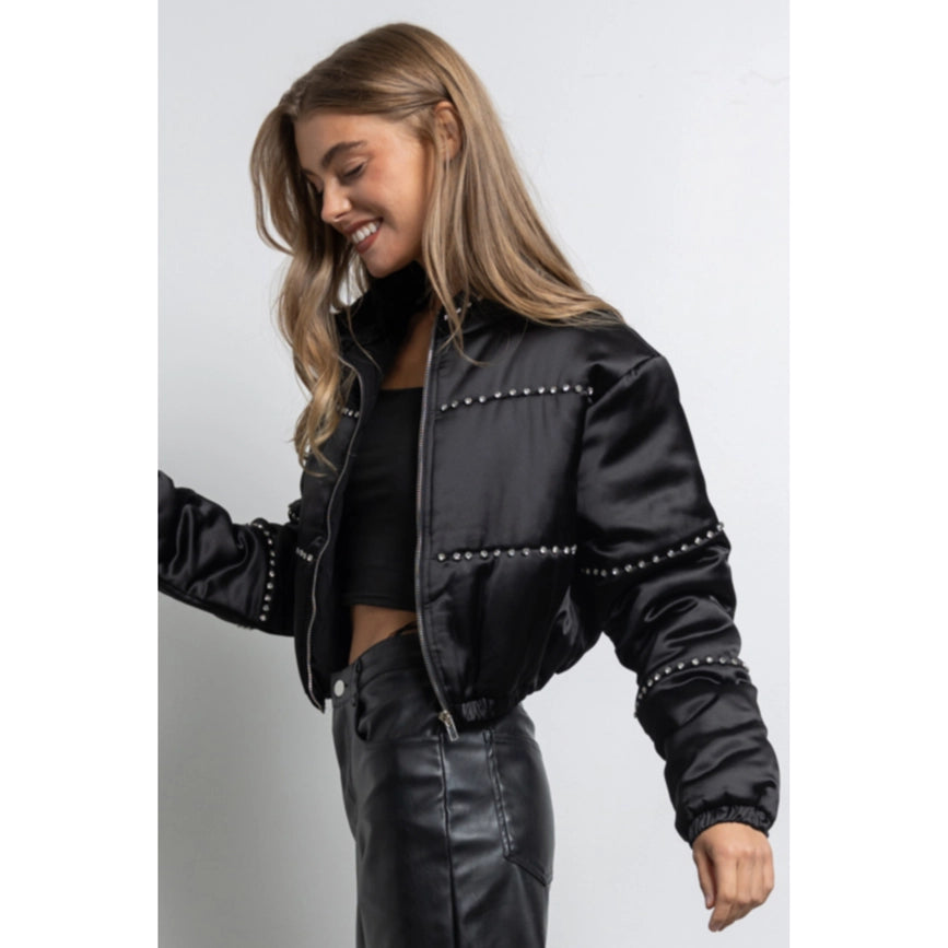 Women's Clothing Long Sleeve Satin Cropped Bomber Jacket Black-Jacket-KIWI-S-Black-Urbanheer