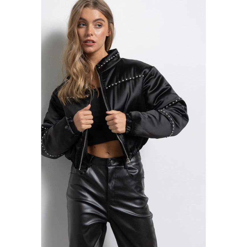 Women's Clothing Long Sleeve Satin Cropped Bomber Jacket Black-Jacket-KIWI-S-Black-Urbanheer