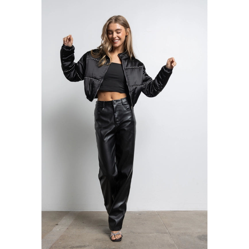 Women's Clothing Long Sleeve Satin Cropped Bomber Jacket Black-Jacket-KIWI-S-Black-Urbanheer