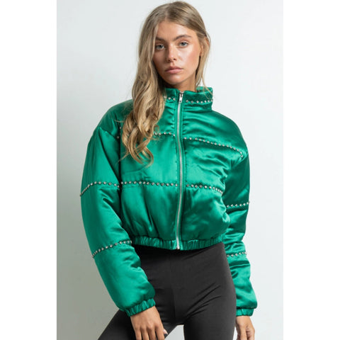 Women's Clothing Long Sleeve Satin Cropped Bomber Jacket Green-Jacket-KIWI-S-Green-Urbanheer