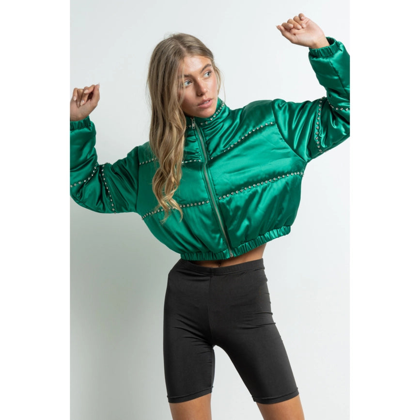 Women's Clothing Long Sleeve Satin Cropped Bomber Jacket Green-Jacket-KIWI-S-Green-Urbanheer